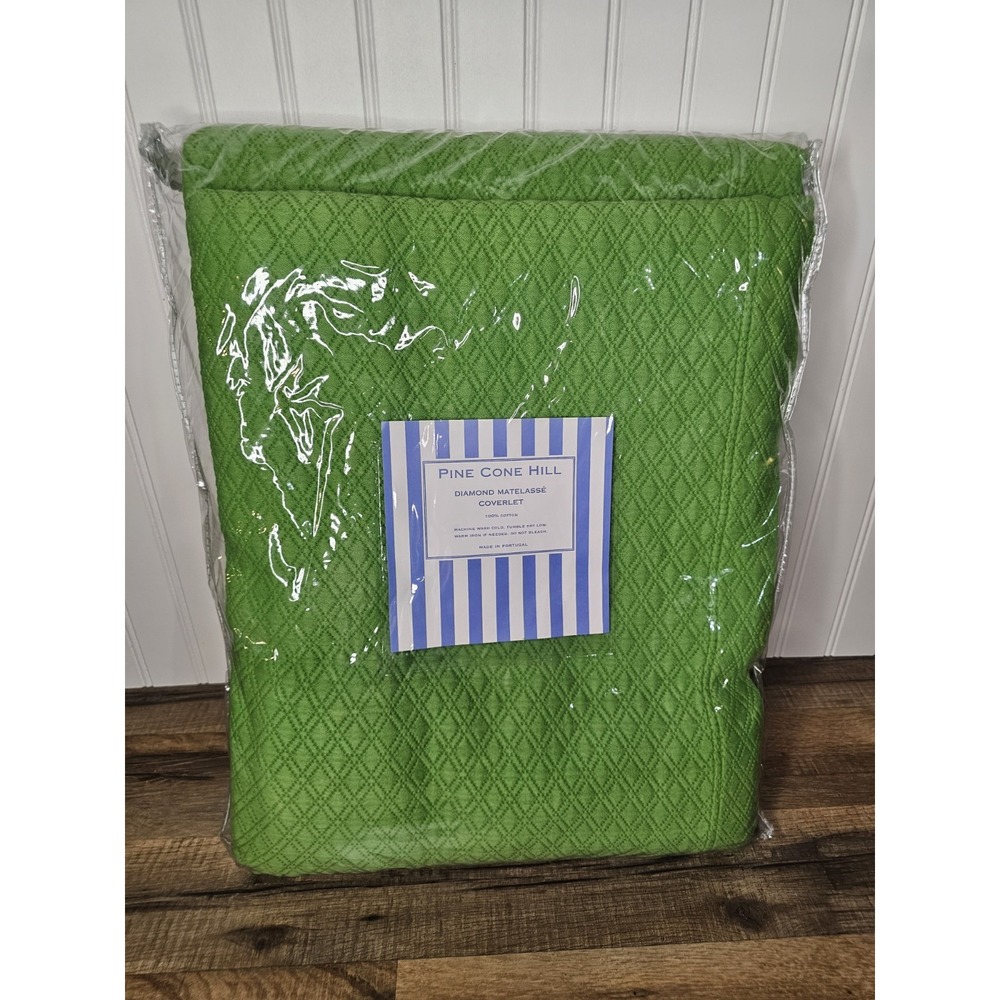 Pine Cone Hill "Diamond" Matelasse Queen Coverlet Grass Green New 100% Cotton